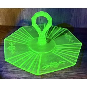 Uranium/Vaseline Glass Serving Platter w/Center Post Handle & Etched Flowers